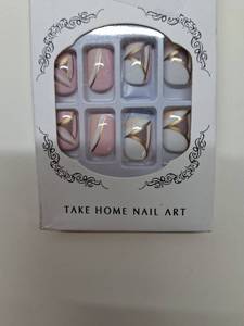 lot 56335 image: Square Press on Nails Short Cute Pink Fake Nails with Gold Lines and Geometric Stripes Designs Glue on Nails Glossy Full Cover Acrylic Nails Reusable Artificial Nails for Women and Girls 24PCS