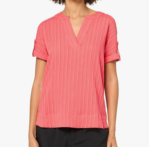 lot 57101 image: MULTIPLES Womens Cuffed Tab Short Sleeve Dolman Y-Neck Band Collar Top Size S