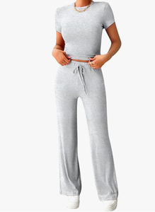 lot 57104 image: Mint Womens 2 Piece Lounge Outfits Sets - Slim Short Sleeve Crop Top & Straight Leg Pants Tracksuit - Casual Yoga Sweatsuit
