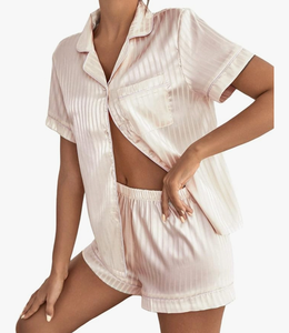 lot 57114 image: WDIRARA Womens Sleepwear Satin Short Sleeve Shirt and Shorts Cartoon Print Pajama Set Xl