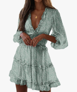lot 57115 image: Dokotoo Womens 2025 Spring Summer Deep V Neck Long Sleeve Backless Ruffle Floral Flowy Mini Dress Size S