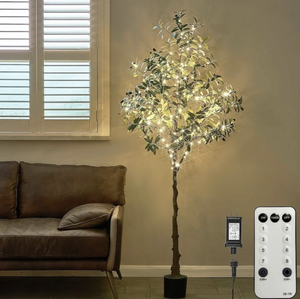 lot 1109 image: Lighted Olive Tree with 300 Warm White Fairy Lights 6FT with Dimmer and Timer, Faux Greenery Tree Lights for Indoor Outdoor Home Decoration