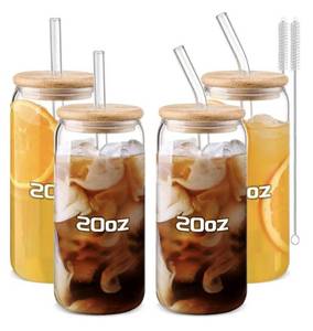 lot 1112 image: 20oz Glass Drinking Jars Set with Bamboo Lids and Straws