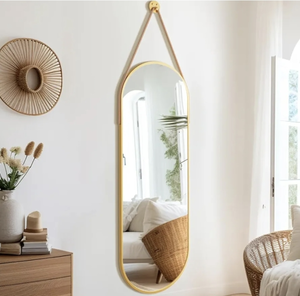 lot 1302 image: 16x48 Oval Full Length Mirror with Leather Strap Hanging Mirror with Aluminum Frame, Oval Gold Wall-Mounted Mirrors for Living Room Bedroom Entryway D�cor, Gold