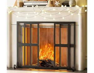 lot 1156 image: Fireplace Screen with Sliding Doors, 37.8 W x 30.7 H Handcrafted Wrought Iron Fire Spark Guard Fire Place Gate Protector for Living Room, Children and Pet Safety(Large