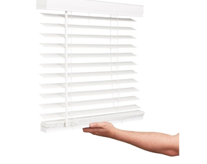 lot 1186 image: LOTUS &amp WINDOWARE Cordless Faux Wood Blinds, 34.5 Wide x 60 Long, Smooth, Snow White, 2 Inch Horizontal Blinds - for Living Room, Bedroom