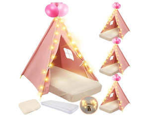 lot 1194 image: 4 Set Kids Teepee Tent Bulk with Light String,Inflatable Airbed,Bedding Fitted Sheet,Natural Cotton Toddler Play Tent Washable Foldable for Girls Boys Indoor Outdoor(Pink