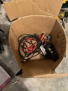 lot 208 image: Box of wire, jumper cables, and an air hose