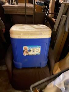 lot 284 image: Large igloo cooler with cup holders on the top. Drain on the bottom