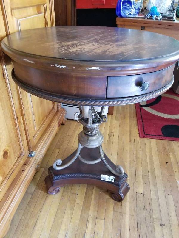 lot 9059 image: Antique Entry Table with Wrought Iron Base