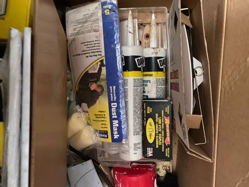 lot 234 image: Box of hardware and tools for tile prep, painting, and sanding