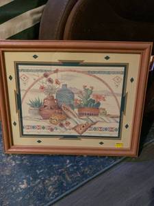 lot 2699 image: Decorative clay pot framed art picture