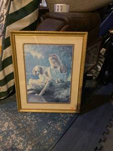 lot 2701 image: Framed art- little girl and her dog