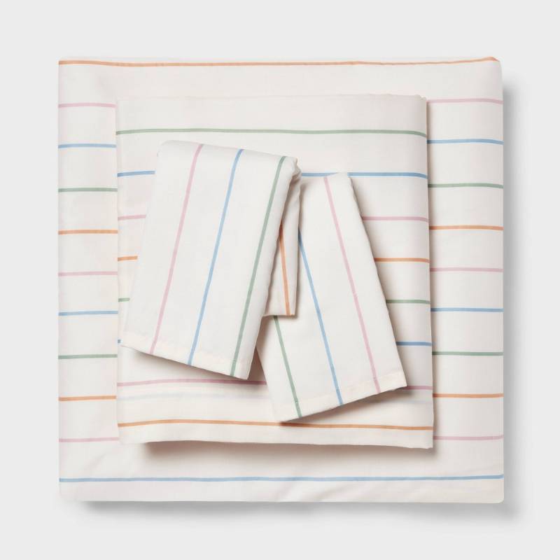 lot 4128 image: Queen Easy Care Cotton Rich Striped Sheet Sets - Room Essentials Sateen Weave, 225 Thread Count, OEKO-TEX Certified