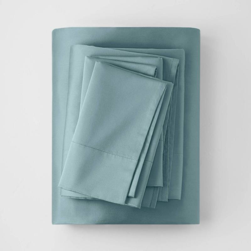 lot 4138 image: Queen 500 Thread Count Washed Supima Sateen Solid Sheet Set Light Teal - Casaluna Luxurious Comfort, OEKO-TEX Certified
