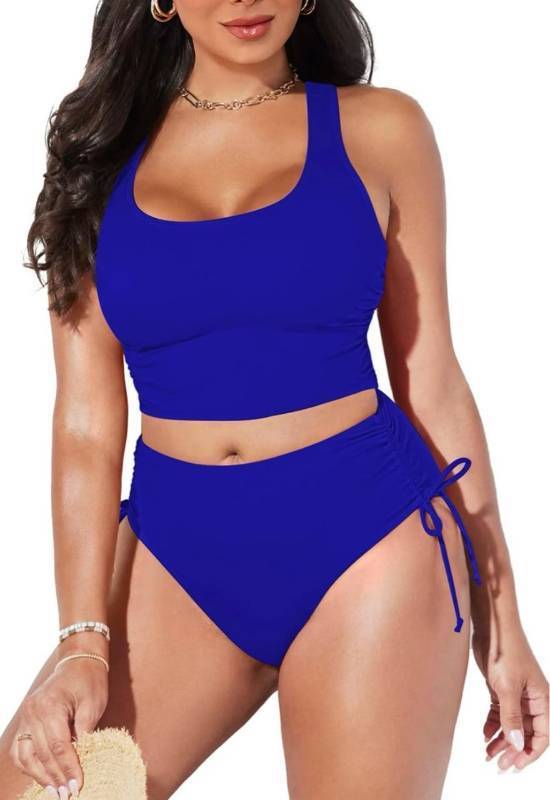 lot 4139 image: Womens Scoop Neck Racerback Ruched Crop Top High Waisted Bikini Sets 2 Piece Swimsuit Bathing Suit - M