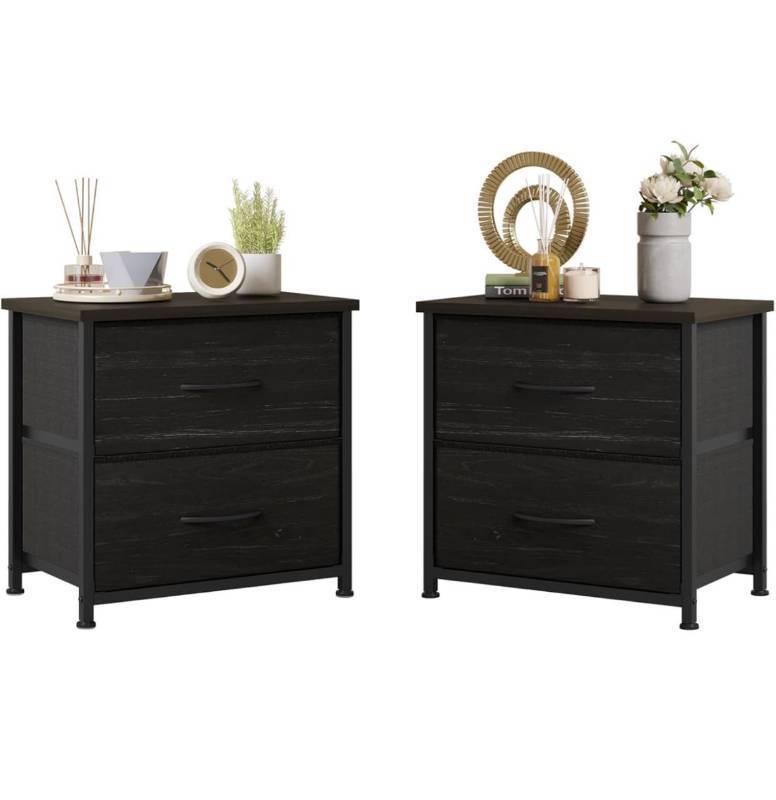 lot 4185 image: LUMTOK Nightstand Set of 2 with Drawer, 2 Drawers Dresser for Bedroom, Small Night Stand and Dressers Sets with 2 Fabric Drawers for Living Room - Black Wood Veins 2PCS