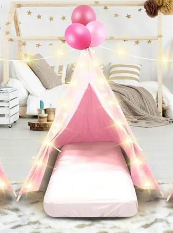 lot 4217 image: Kids Teepee Tent with Light Air Mattress, Fitted Sheet and Star string lights, Natural Cotton Toddler Teepee Play Indoor Tent Washable Tent for Girls Boys Slumber Sleepover Birthday Party(Pink)