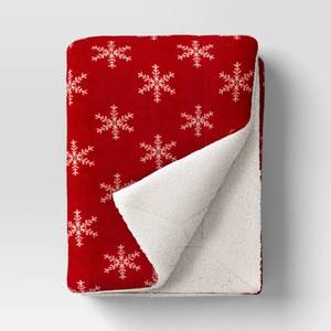 lot 3902 image: 50x60 Snowflake Printed Plush Throw Blanket Faux Shearling Reverse RedIvory - Threshold