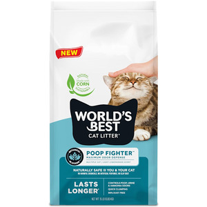 lot 3954 image: Worlds Best Poop Fighter Max Odor Defense Clumping Scented Cat Litter - 15lbs - Retail $77.26-OPEN BAG, SOME CONTENTS MAY BE MISSING
