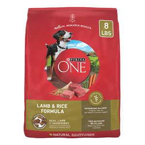 lot 3963 image: Purina ONE Dry Dog Food Lamb and Rice Formula 8 lb. Bag-OPEN BAG, SOME CONTENTS MAY BE MISSING