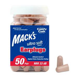lot 4006 image: Macks Ultra Soft Foam Earplugs, 50 Pair - 33dB Highest NRR, Comfortable Ear Plugs for Sleeping, Snoring, Travel, Concerts, Studying, Loud Noise, Work  Made in USA