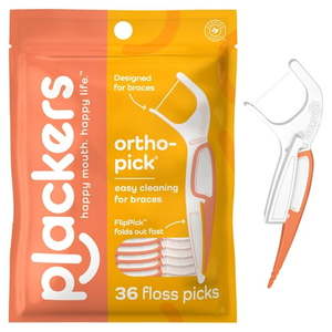 lot 4044 image: Plackers Orthopick Floss Picks Unflavored Designed for Braces Fold-Out FlipPick Tuffloss Easy Storage with Sure-Zip Seal 36 Count, 2 BAGS