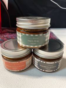 lot 4083 image: 3 oz candles, 3 oz each - Canadian cedar pumpkin, bourbon dessert, pikes peak