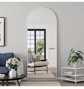 lot 4085 image: Arched Full Length Mirror, 64 x 21 Free Standing Floor Mirror, Modern Full Body Mirror with Stand, Wall Mirror with Aluminum Alloy Frame for Bedroom,Living Room, White - Retail $80