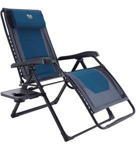 lot 4164 image: TIMBER RIDGE Zero Gravity Chair Oversized Recliner 350lbs Capacity Patio Lounge Chair Padded Lawn Chair with Headrest XXL for Outdoor, Camping, Patio, Lawn - Retail $150 (table is bent and cracked, also small damage on arm)