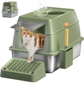 lot 4165 image: Stainless Steel Cat Litter Box with Lid, XL Large Enclosed Metal Litter Box with Removable Lid &Scoop, Odor Free, Easy Cleaning, Anti-Urine Leakage for Big Cats - Retail $120 (stock photo differs)