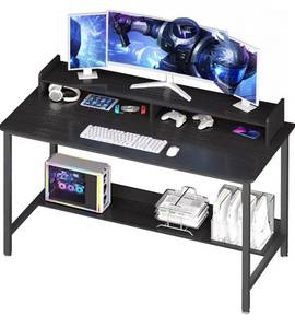 lot 4203 image: WOODYNLUX Computer Desk with Shelves, 32 Inch Gaming Writing Desk, Study PC Table Workstation with Storage for Home Office, Living Room, Bedroom, Metal Frame, Black