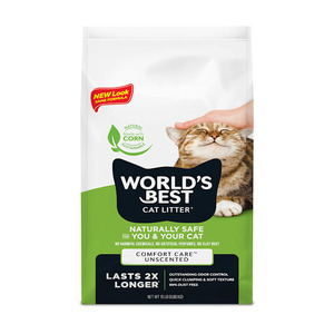 lot 4259 image: World s Best Cat Litter Comfort Care Unscented Cat Litter  Flushable  99% Dust Free  Clumping  15 lb - Retail $84.93-DAMAGED, SOME CONTENTS MAY BE MISSING