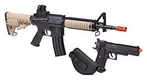 lot 4035 image: GAME FACE Warrior Protection Spring Powered Single Shot Airsoft Rifle And Pistol Kit With Black Pistol Holster And Ammo, EarthBlack Factory Sealed