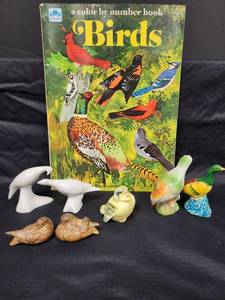 lot 347 image: Vintage Bird Figurines Made in Japan and Bird Coloring Book unused