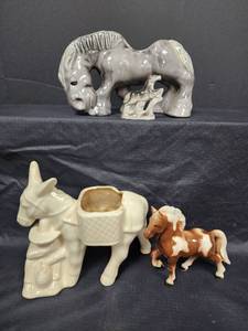 lot 353 image: Vintage Ceramic Donkey Planter and Ceramic Horse Figurines