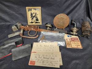 lot 246 image: Antique and Vintage items including Silhoutte Picture, Metal Calendar, Letter Holder Complete Gate Latch and more