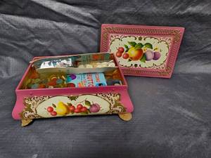 lot 280 image: Vintage Pink Fruit-Decorated Tin Box with Vintage Buttons NIP