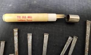 lot 313 image: Vintage The Old Mill Lindsborg Kansas Toothpick Holder and Square Head Nails