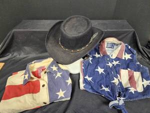 lot 160 image: Black Felt Hat Size 6.75, Womens American Shirt Size M and Size 10 American Button Up Shirt