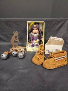 lot 200 image: Native American Doll, Infant Moccasins size 2 and Kokopelli