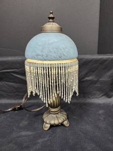 lot 446 image: Vintage Boudoir Frosted Blue Glass Dome w Beaded Fringe Shade Lamp 14