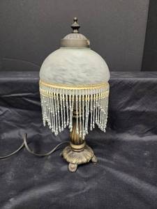 lot 447 image: Vintage Boudoir Frosted White Glass Dome w Beaded Fringe Shade Lamp 14