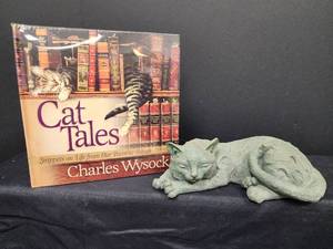 lot 449 image: Cat Tales Book & Sleeping Cat Statue Set