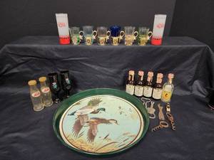 lot 455 image: Collectible Shot Glasses, Metal Tray and More