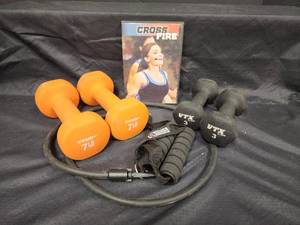 lot 510 image: Exercise DVD with Sets of 7# and 3# Weights