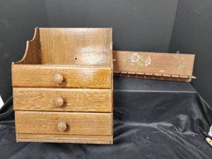 lot 518 image: Wooden Antique 3 Drawer Wall Mount Shelf and Collectible Spoon Shelf