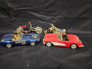 lot 520 image: 2 Die Cast Metal Cars, HOT Rod Bicycle and West Coast Chopper