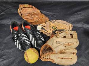 lot 531 image: Size 5 Addidas Cleats, 3 Ball Gloves and Baseball