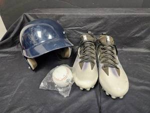 lot 548 image: Nike Batting Helmet, Size 13 Nike Cleats and New Baseball